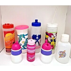 Lot 90s Vintage Plastic Water Bottles Barbie Taco Bell Retro Kids Cups